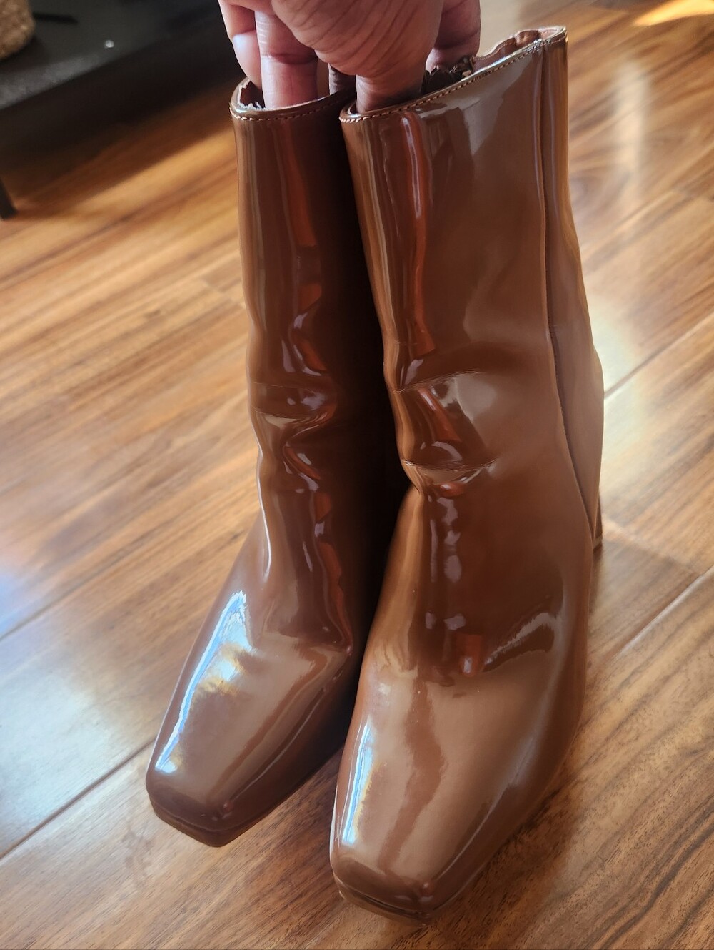 Anne Michelle Glossy Brown Square-Toe Ankle Boots